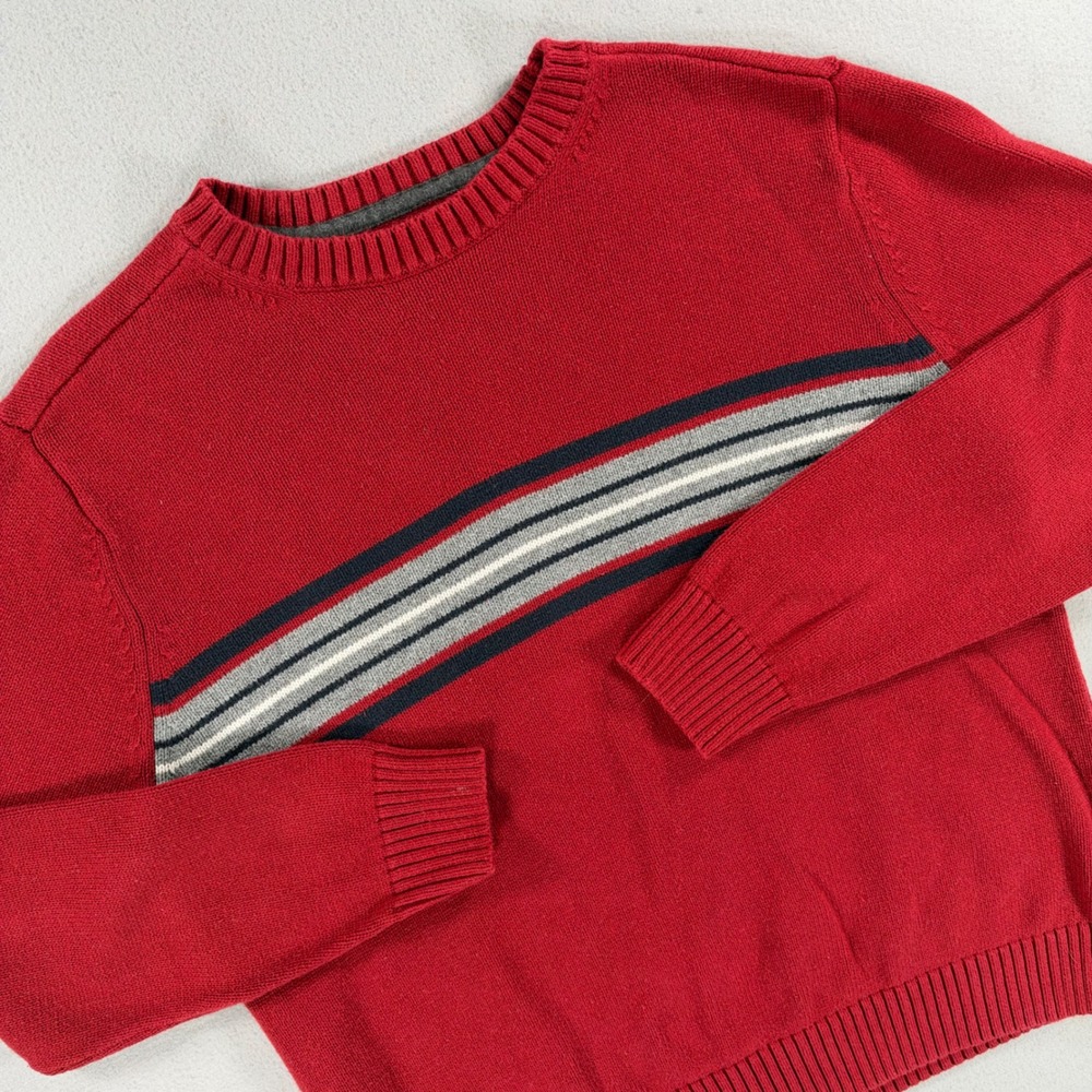 St. John's Bay Striped Cotton Knit Crewneck Sweater Men's L Red Navy Gray